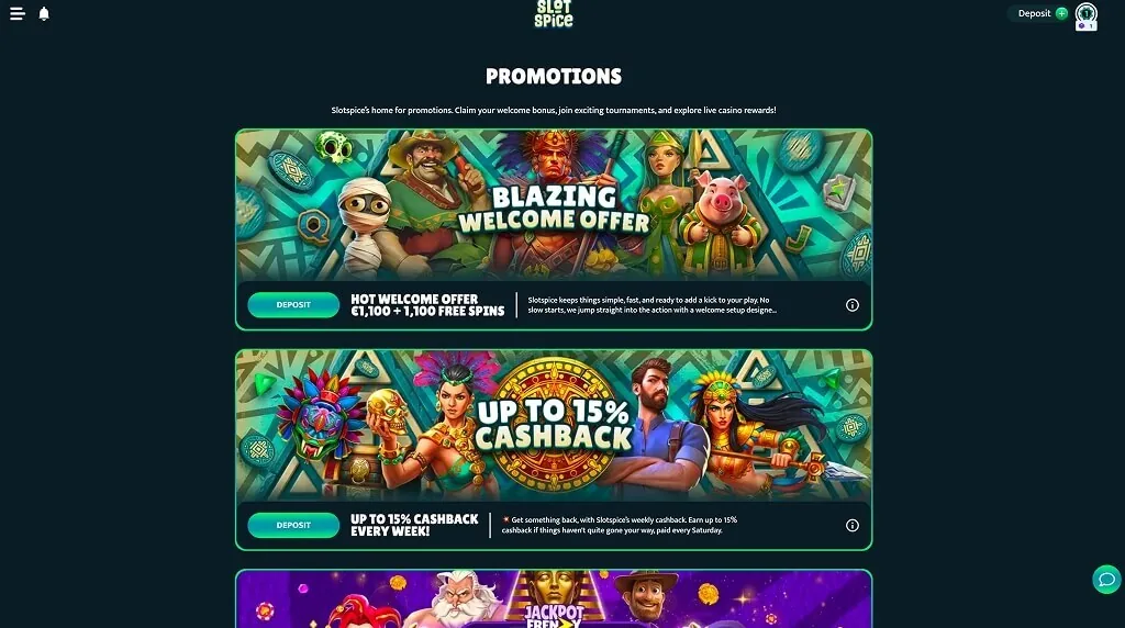 Slotspice promotions with the welcome package, weekly cashback and tournament rewards